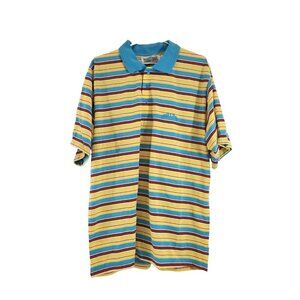 Vintage Trail's Edge Mens Polo Striped Blue Yellow T-Shirt Size Large Preppy